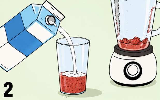 Milch wird in ein Glas und einen Mixer mit Erdbeeren gegossen.